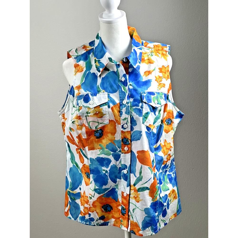 Jones‎ New York Sport Petite PL Sleeveless Floral Blouse Two Front Pockets - Picture 2 of 16